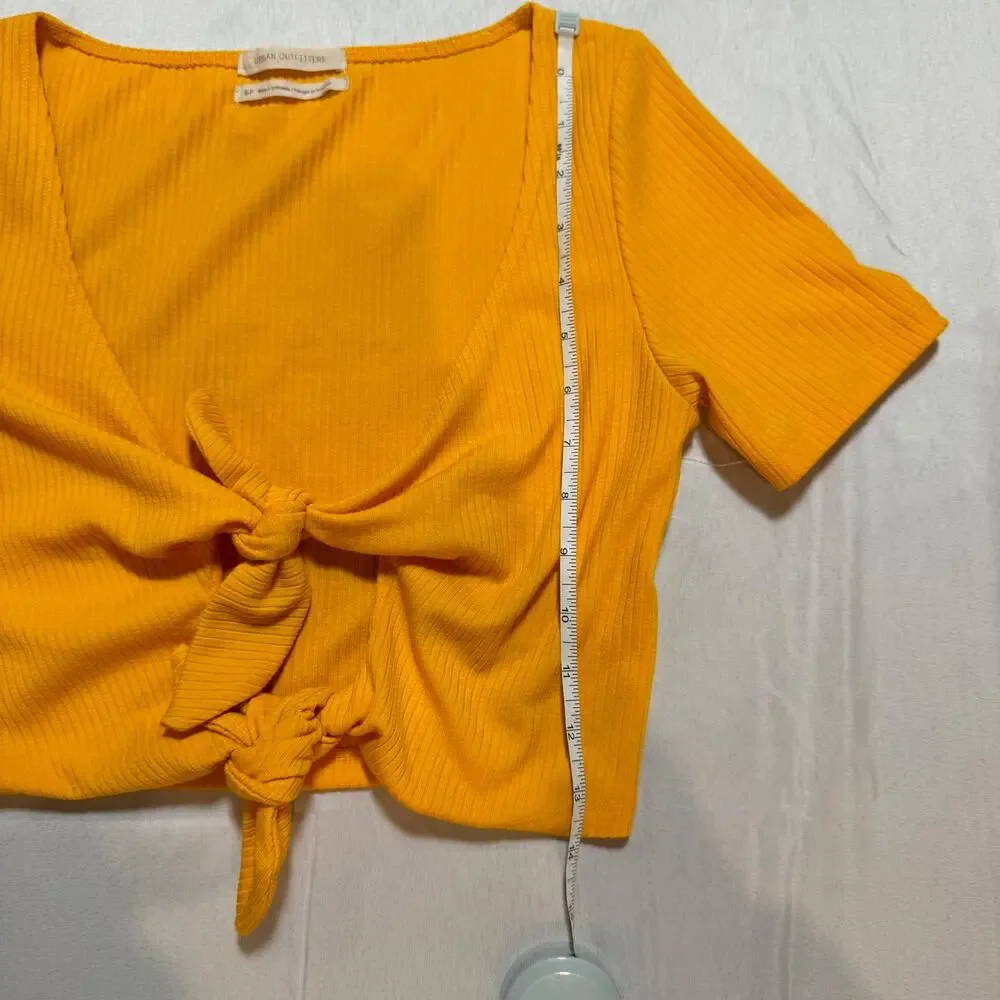 Urban Outfitters Mustard Yellow Ribbed Tie-Front Crop Top Women's Small Festival - Picture 7 of 14
